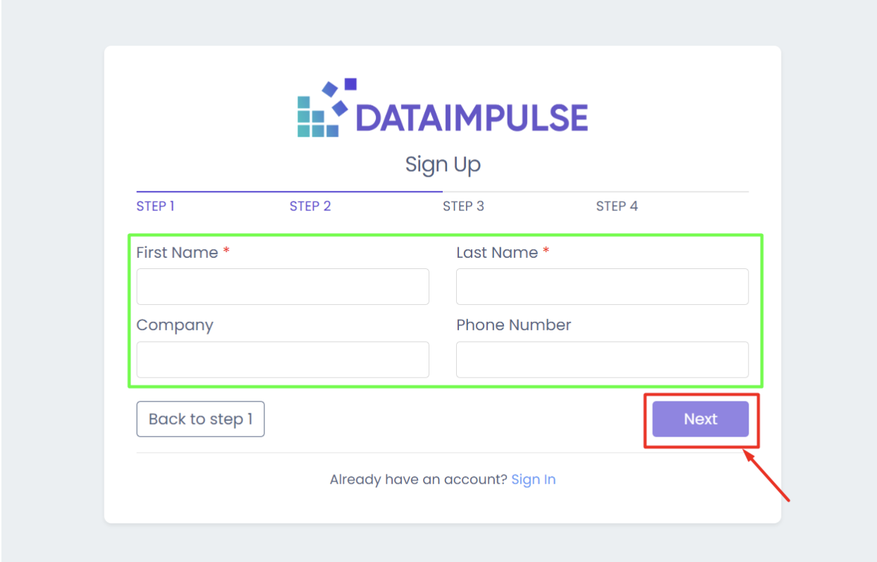 Детали регистрации DataImpulse