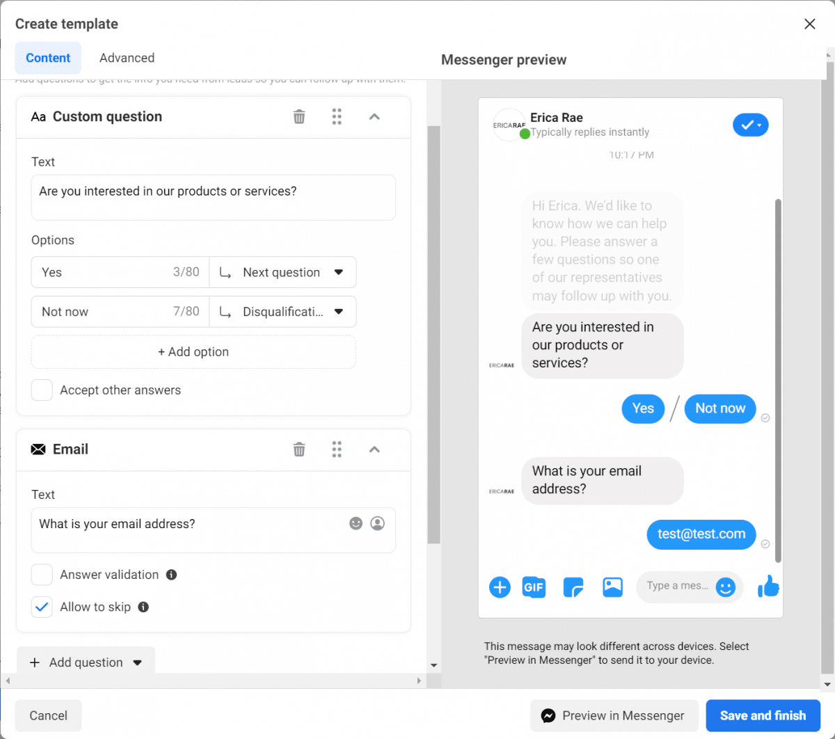 Facebook Messenger 廣告自動聊天自定義問題的屏幕截圖