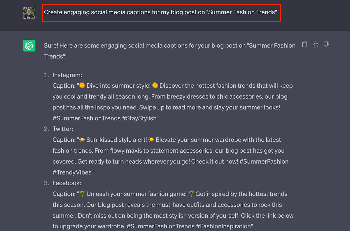 ChatGPT - Social Media Captions