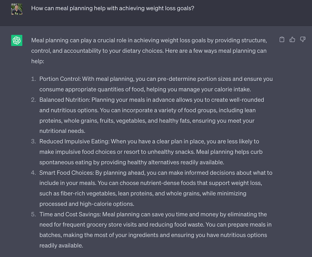 ChatGPT Example - Meal Planning