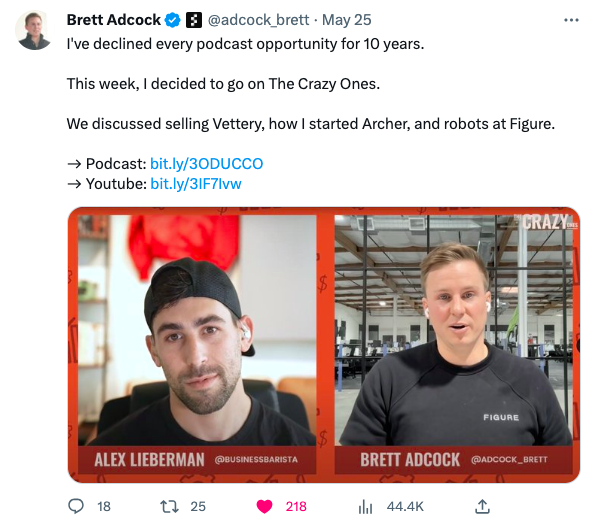 Brett Adcock promovând un episod de podcast pe Twitter