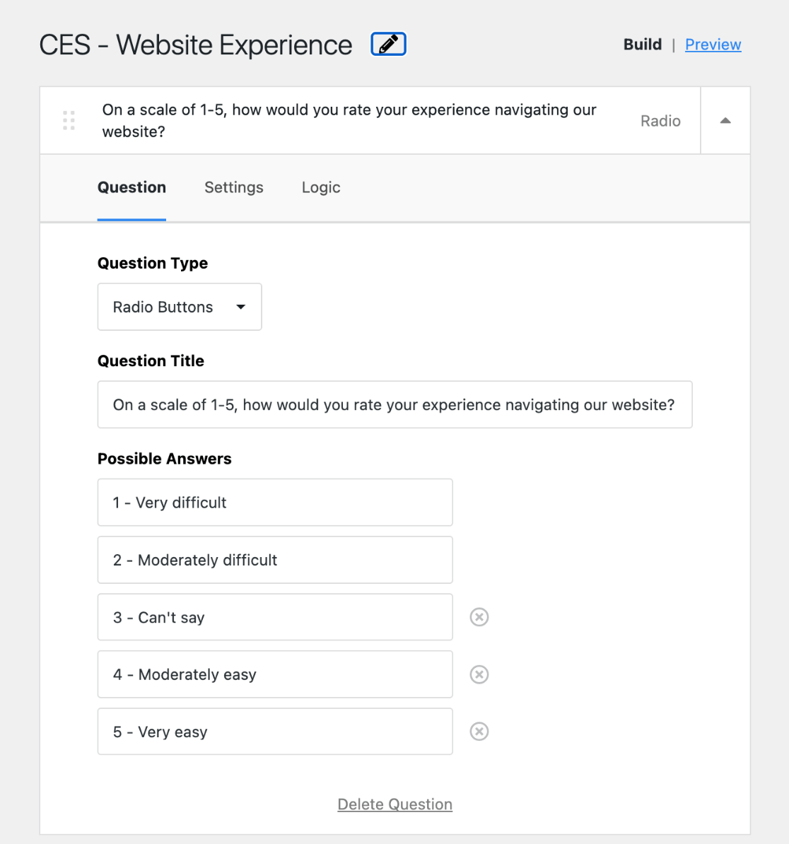 UserFeedback - szablon edycji ankiety CES na stronie internetowej