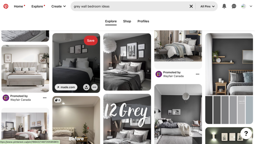 ภาพหน้าจอของพิน Pinterest ของการออกแบบภายในผนังสีเทา