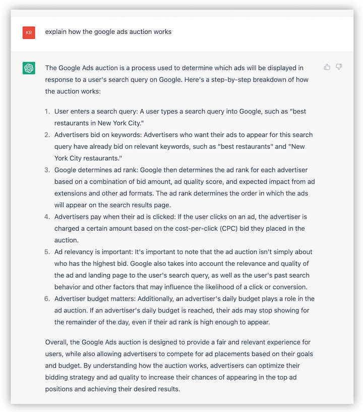 Prompt e risposte di ChatGPT che chiedono come funziona l'asta di Google