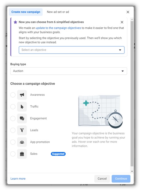 facebook reklamları dönüşmüyor - kampanya hedefi seçenekleri ekran görüntüsü