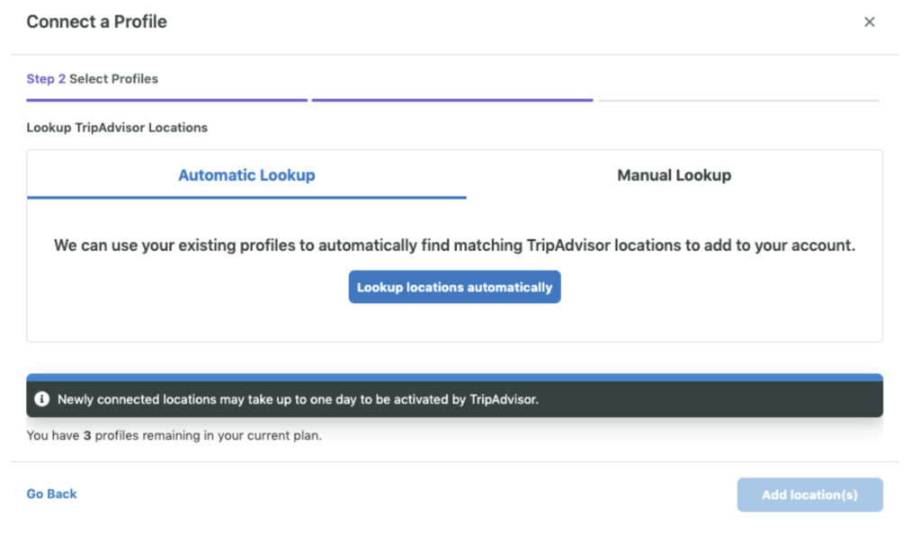 Sprout recherche automatiquement votre emplacement pour TripAdvisor, mais vous pouvez également l'ajouter manuellement, ce qui est illustré dans l'image.