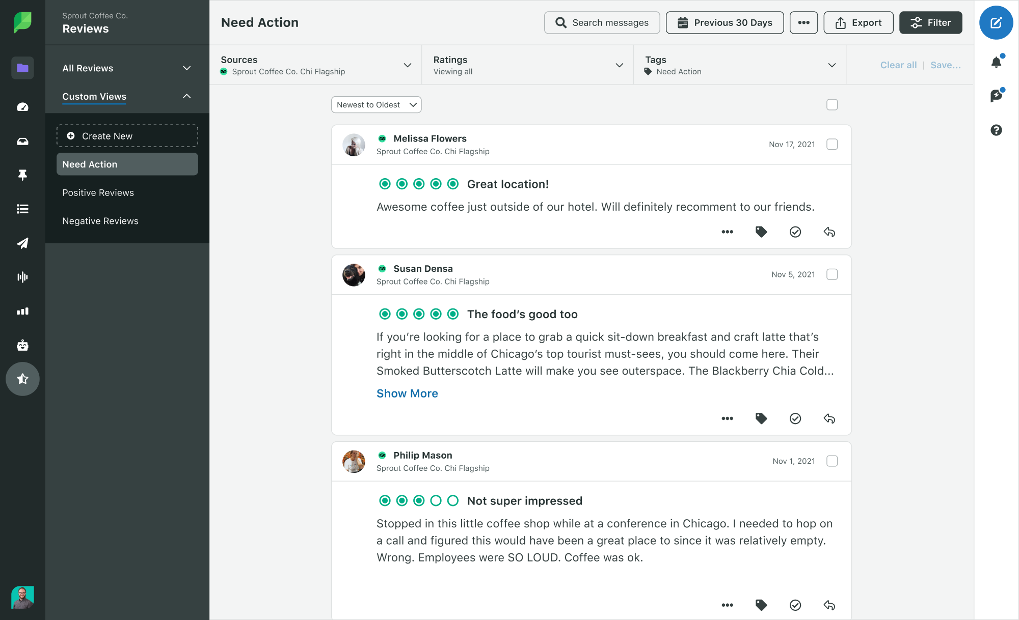 Capture d'écran des avis TripAdvisor nécessitant une action sur la plateforme Sprout Social. Toutes les critiques sont rassemblées dans un flux unique et rationalisé.