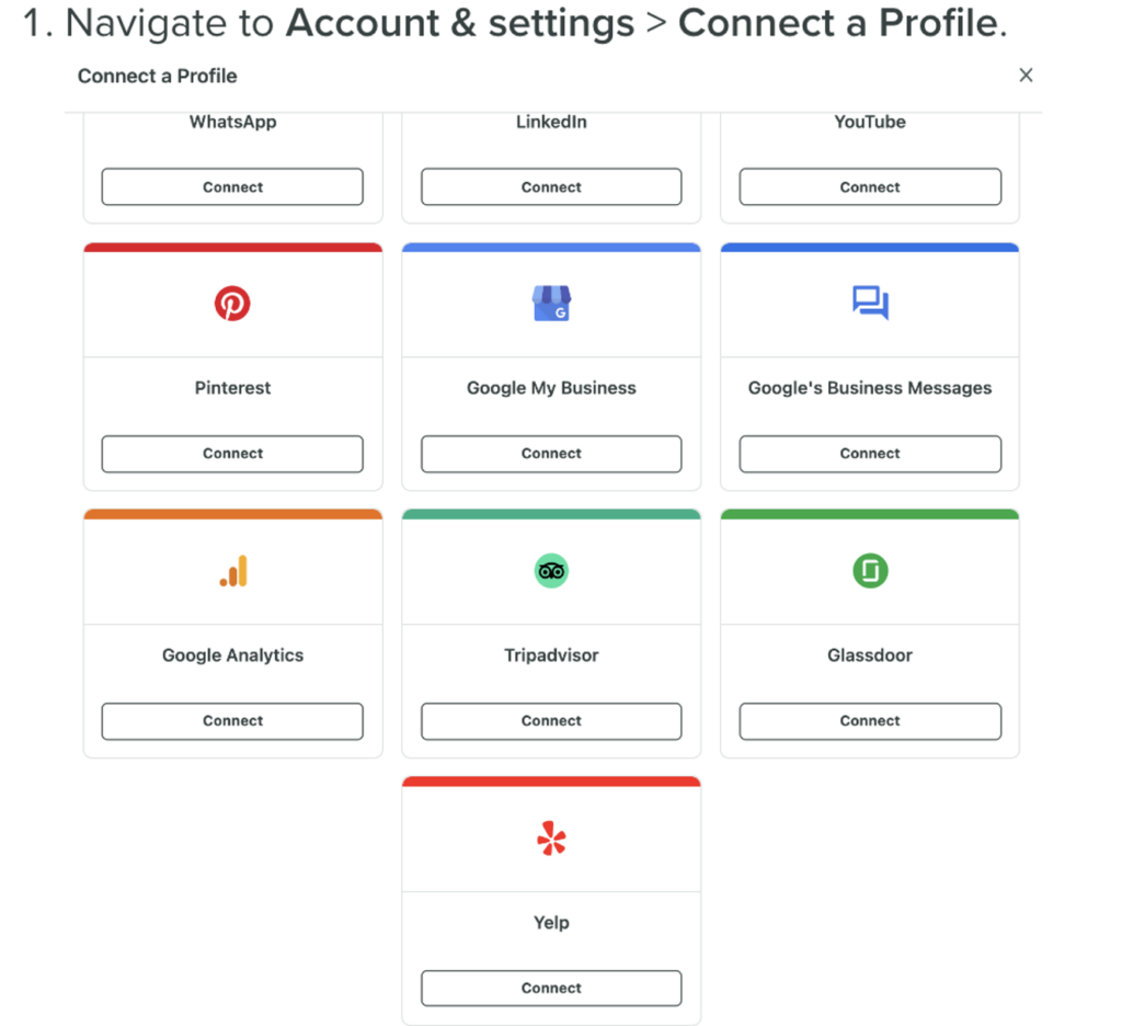 Capture d'écran de l'assistant de connexion de Sprout pour se connecter à différentes sources d'avis, notamment Google My Business, TripAdvisor, Glassdoor et Yelp.