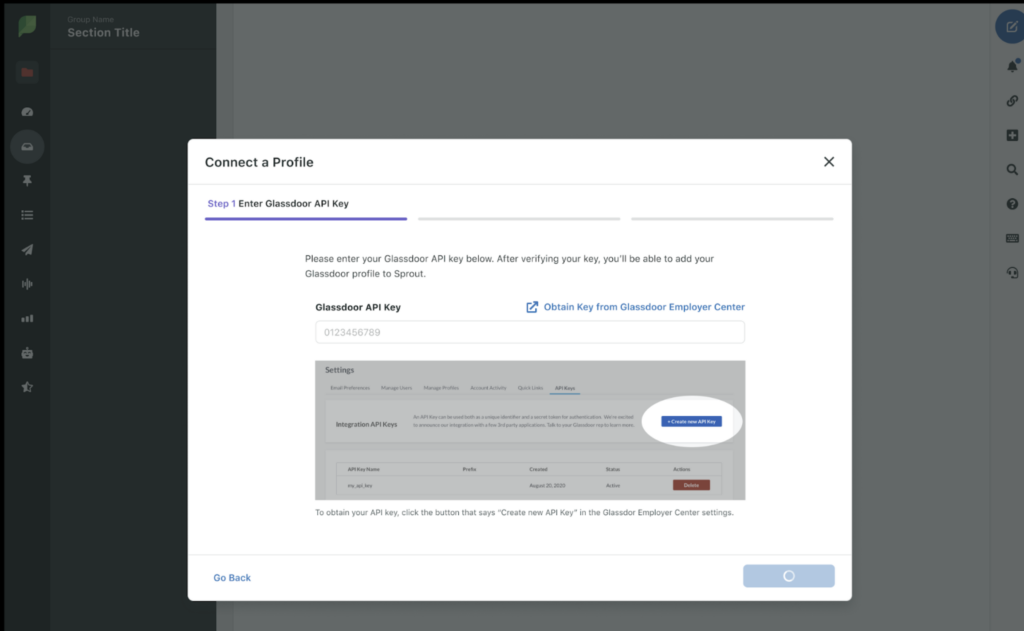 ภาพหน้าจอของตัวช่วยสร้าง Glassdoor ใน Sprout Social ที่ขอรหัส API