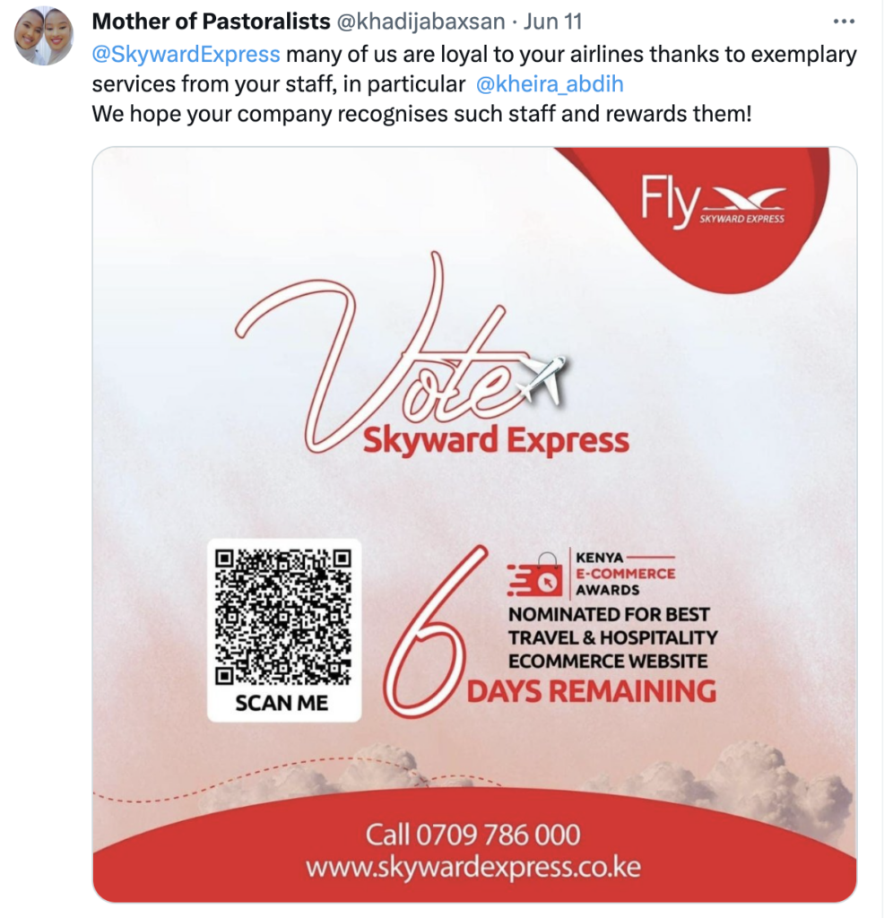 Tweet que muestra el agradecimiento del cliente por el servicio de calidad de Skyward Express.