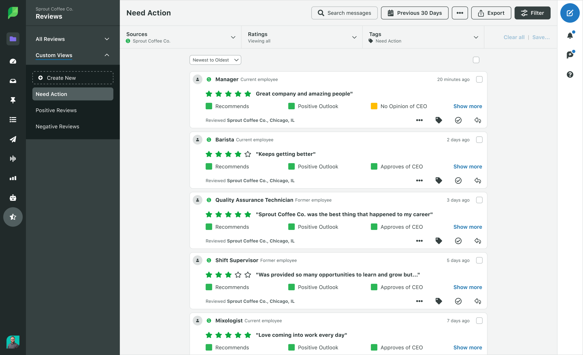 Captura de pantalla de las reseñas de Glassdoor que necesitan acción en la plataforma Sprout Social. Todas las reseñas se integran en un flujo único y optimizado.