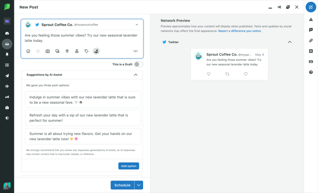 Uma captura de tela do próximo recurso AI Assist do Sprout, onde três sugestões de cópia foram geradas pela AI.