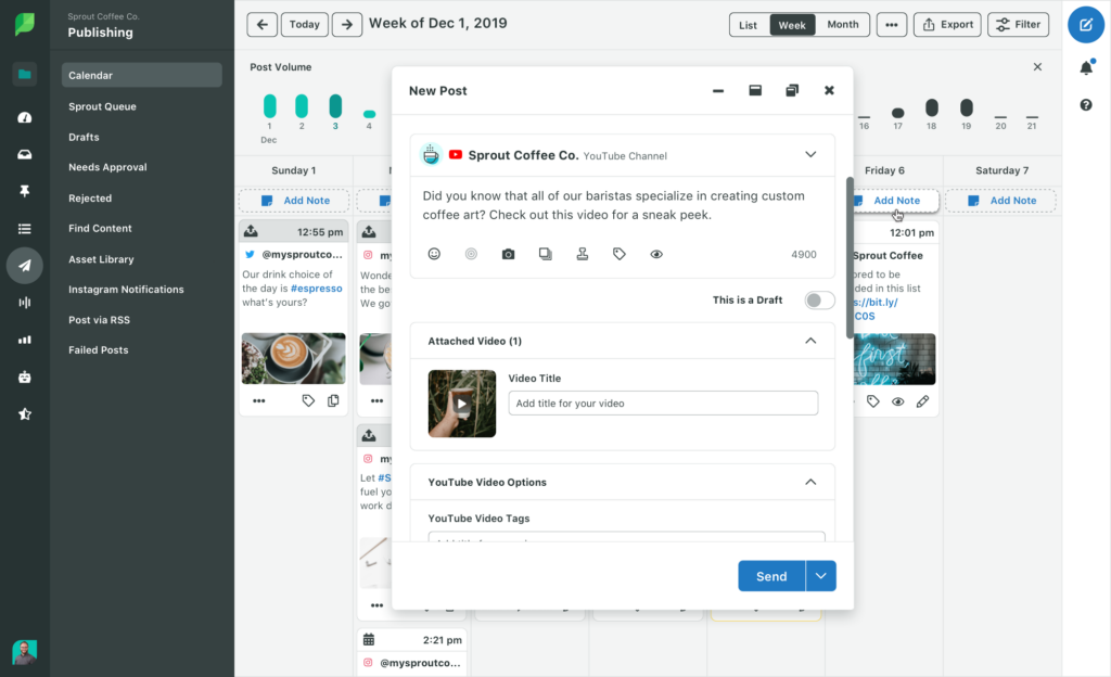 Uno screenshot della finestra di composizione di Sprout in cui puoi scrivere e programmare i post direttamente dal tuo calendario dei contenuti.