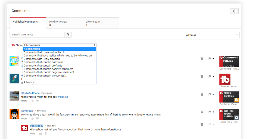 TubeBuddy Review- Comment Filter