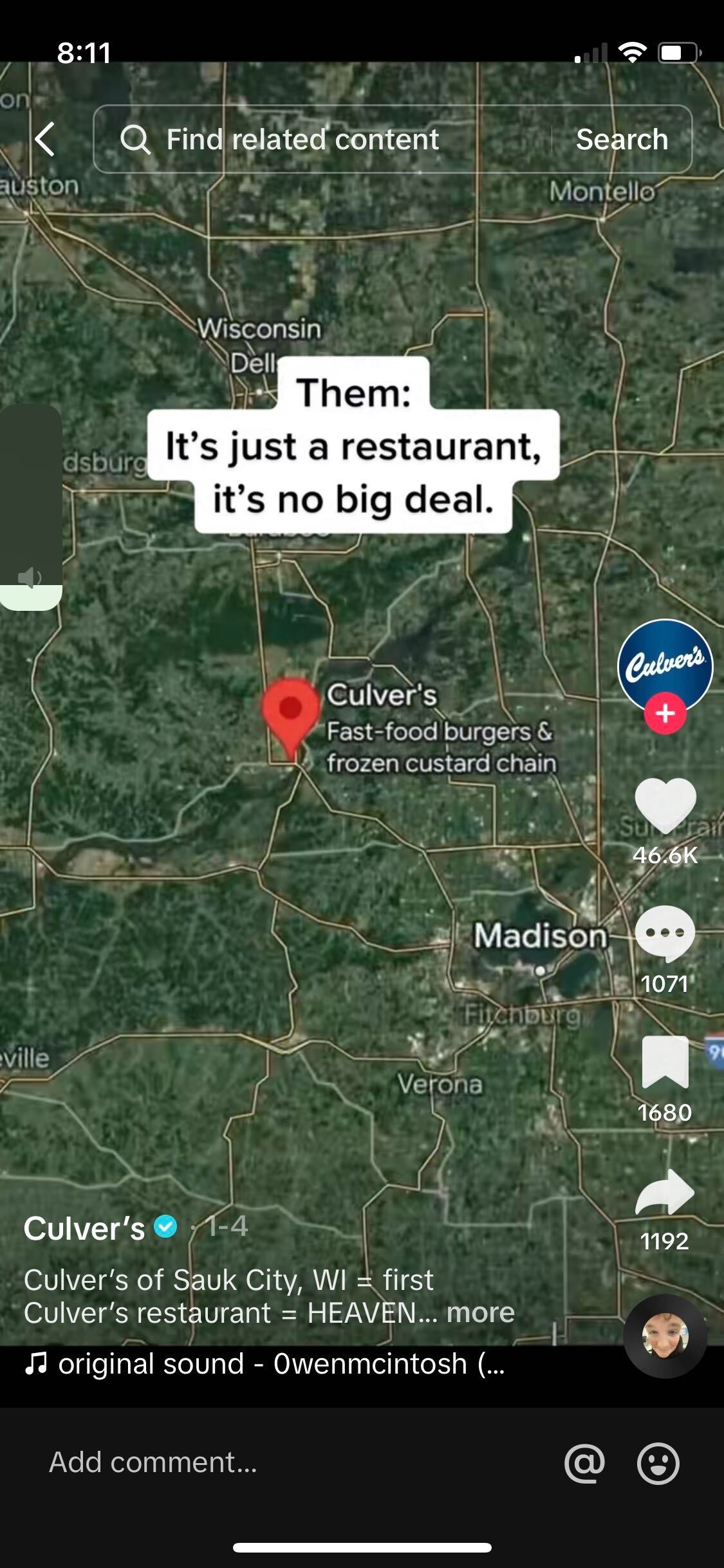 ภาพหน้าจอของวิดีโอจากโปรไฟล์ TikTok ของ Culver ซึ่งแสดงตำแหน่งของ Culver เป็นครั้งแรกบนแผนที่ของรัฐวิสคอนซิน