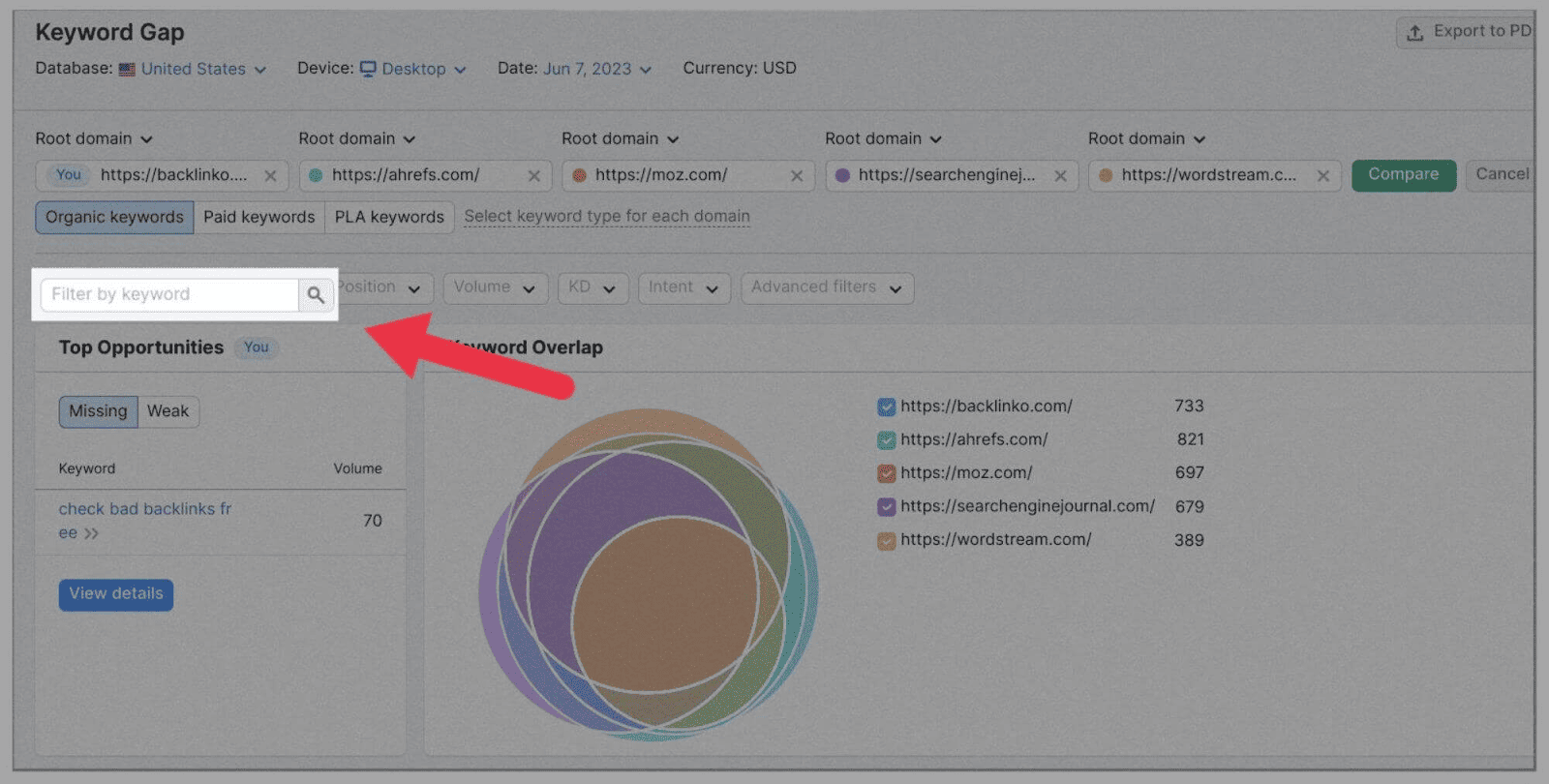 Use the &#039;Filter by search bar&#039; to further refine your keywords