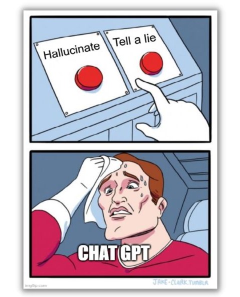 Pazarlamacılar için yapay zeka - Chat GPT için iki seçeneğe sahip mem, yalan söyle veya halüsinasyon gör