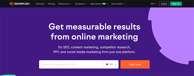 Page d'accueil de Semrush