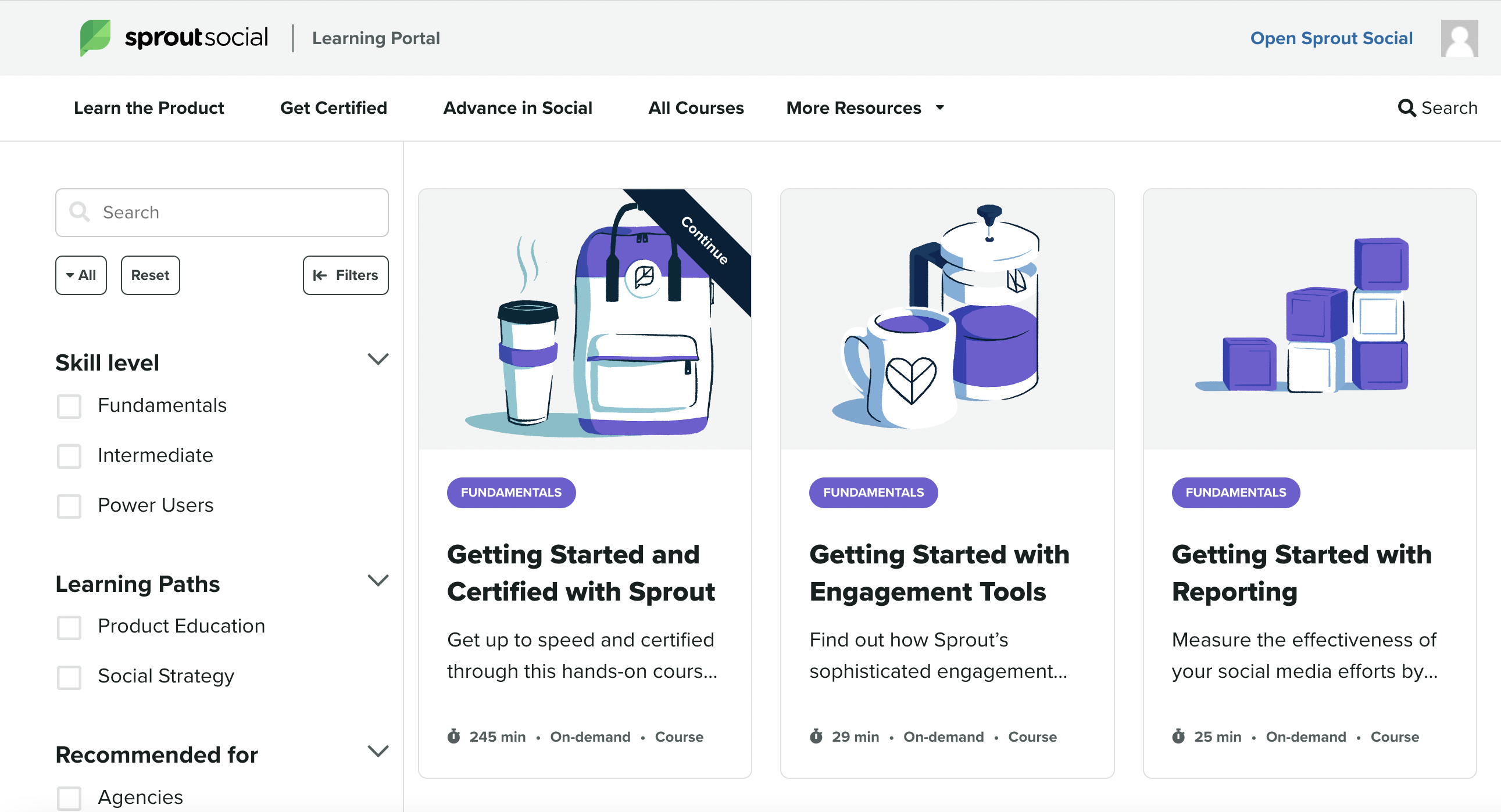 ภาพหน้าจอของพอร์ทัลการเรียนรู้ Sprout Social