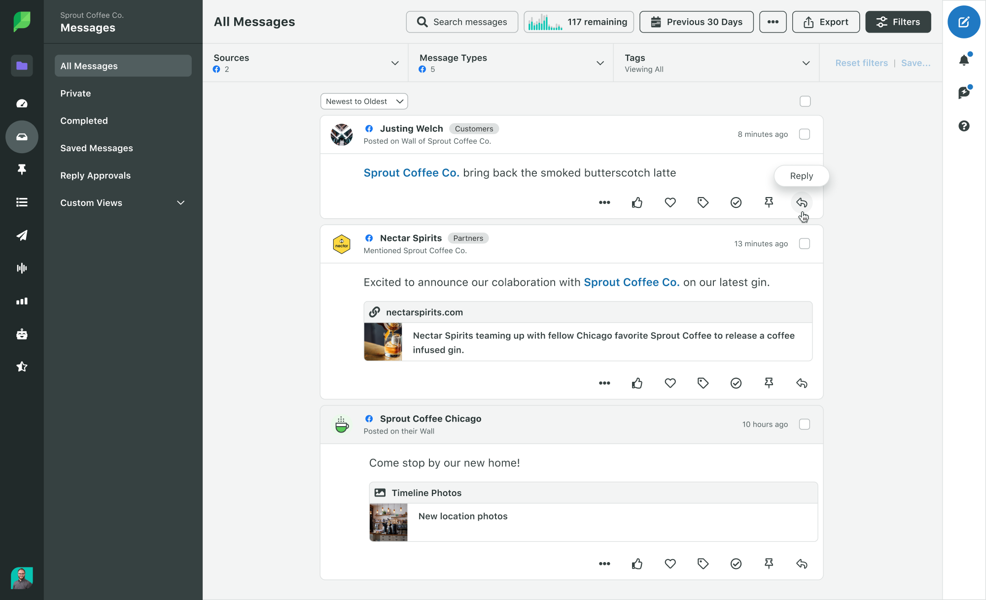 ภาพหน้าจอของ Smart Inbox ใน Sprout Social ตัวกรองถูกตั้งค่าให้แสดงข้อความที่ยังไม่ได้แก้ไขจากโปรไฟล์ Facebook ของ Sprout Coffee Co