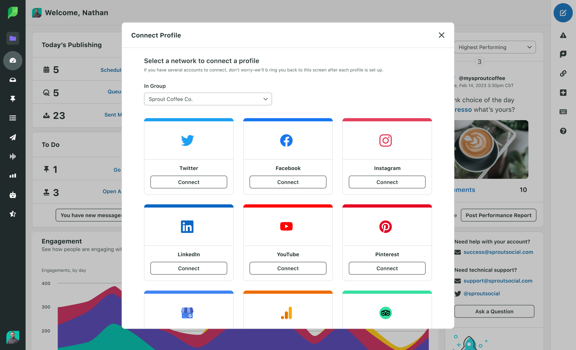 Une capture d'écran du processus de configuration de Sprout Social. La fenêtre Connect Profile est ouverte, invitant les utilisateurs à sélectionner les profils qu'ils souhaitent lier à leur instance Sprout. Les options de profil incluent Twitter, Facebook, Instagram, LinkedIn, YouTube, Pinterest, Google My Business et Trip Advisor.