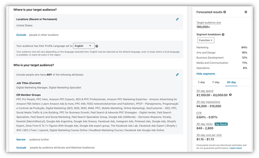 ремаркетинг linkedin — пример размера таргетинга на аудиторию