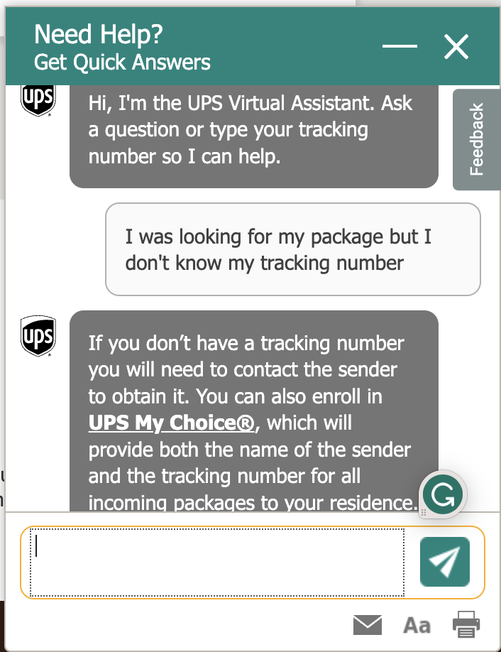 Screenshot dell'agente virtuale UPS che offre consulenza contestualmente alle risposte di un cliente