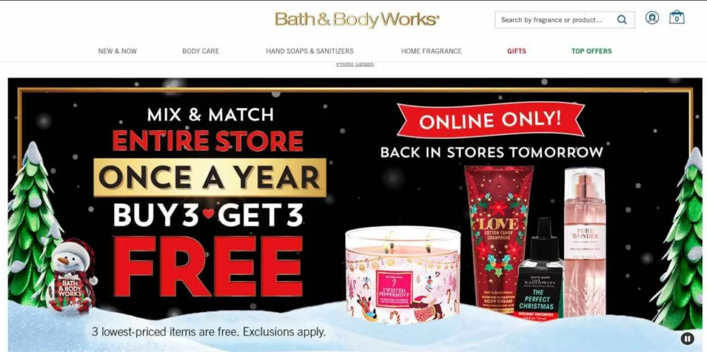 Скриншот веб-сайта Bath and Body Works