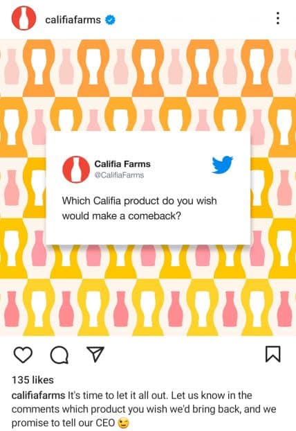 пример маркетинга продуктов питания и напитков — Califia Farms — лента Instagram