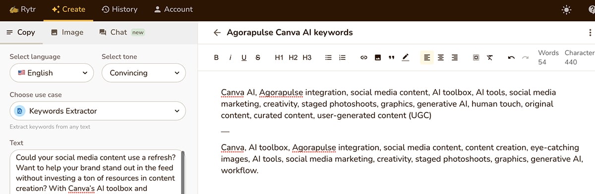 Outils de productivité IA - Rytr - recherche de mots-clés