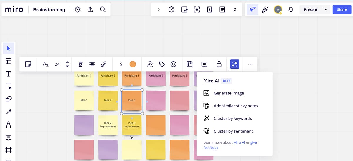 Outils de productivité IA - Miro - invites de brainstorming