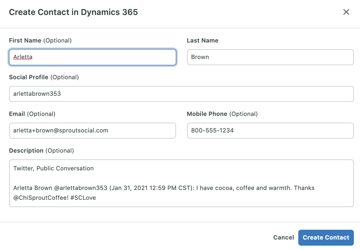 Zrzut ekranu okna „Utwórz kontakt w Dynamics 365” w Sprout Social. Okno zawiera następujące pola: Imię, Nazwisko, Profil społecznościowy, E-mail, Telefon komórkowy, Opis.