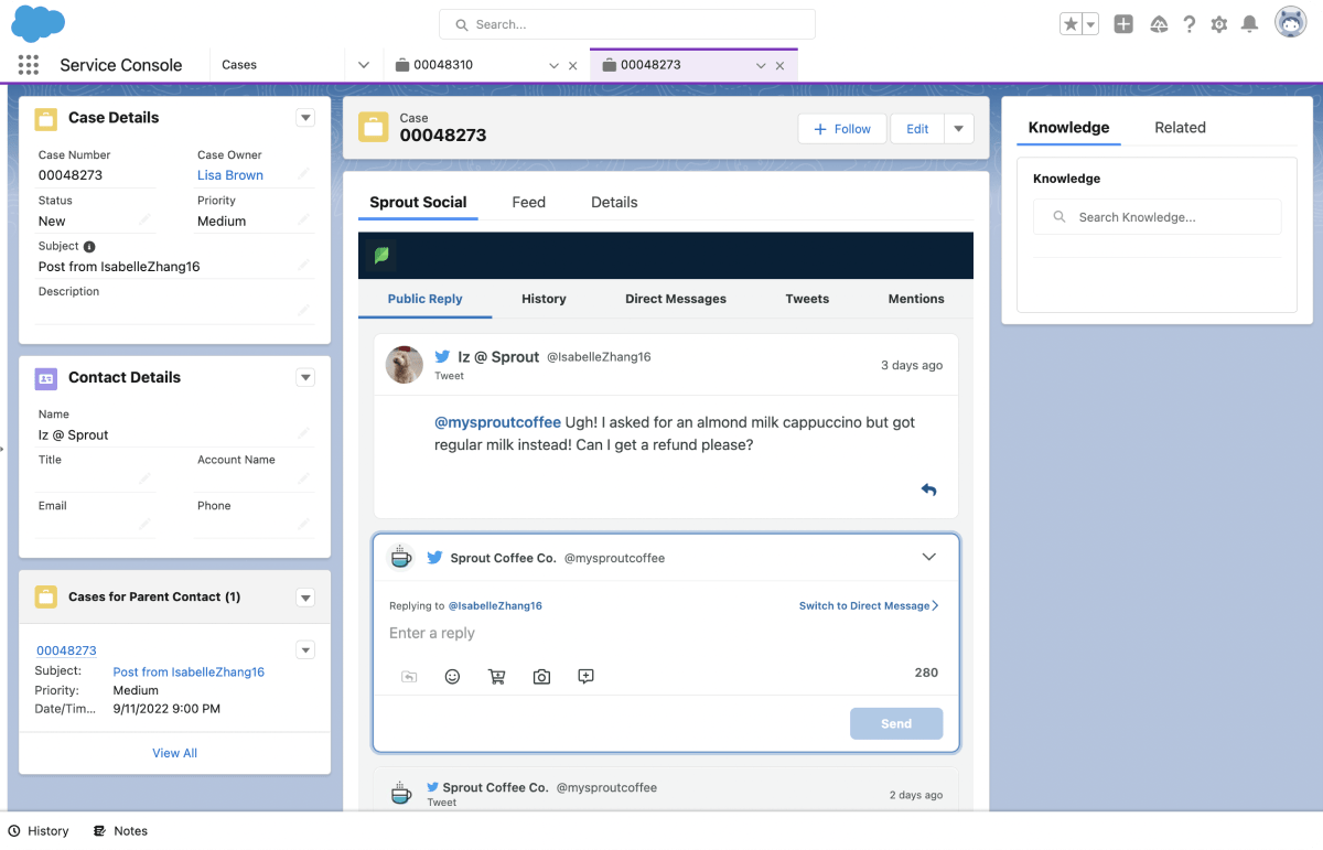 ภาพหน้าจอของข้อมูลโซเชียลจาก Sprout ที่รวมอยู่ในแพลตฟอร์ม Salesforce ซึ่งแสดงให้เห็นว่าข้อความโซเชียลที่เข้ามาสามารถเชื่อมโยงกับผู้ติดต่อและกรณีและปัญหาที่มีอยู่ได้อย่างไร