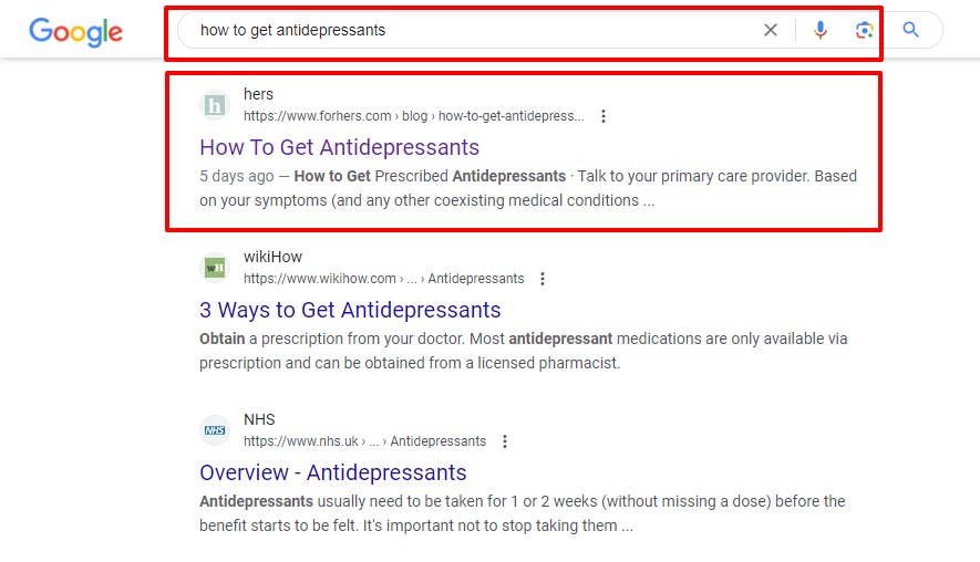 SERP example for “how to get antidepressants”.