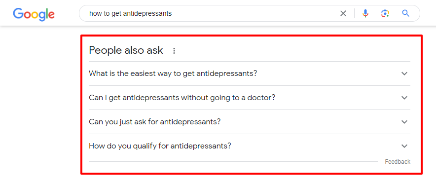 SERP example for “how to get antidepressants”.