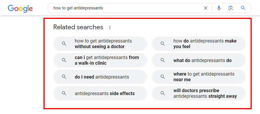 SERP example for “how to get antidepressants”.