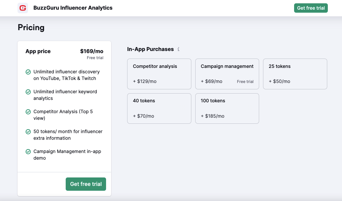 Tarification de BuzzGuru Influencer Analytics