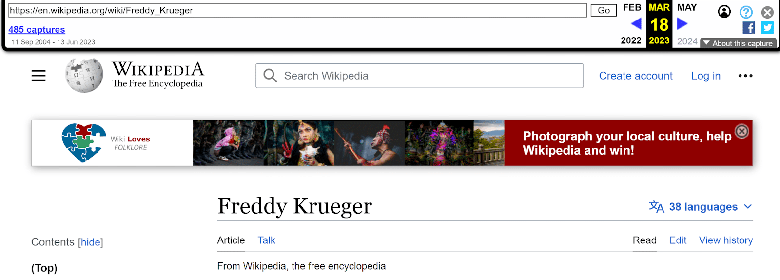 Przykład Wayback Machine - Freddy Kroueger