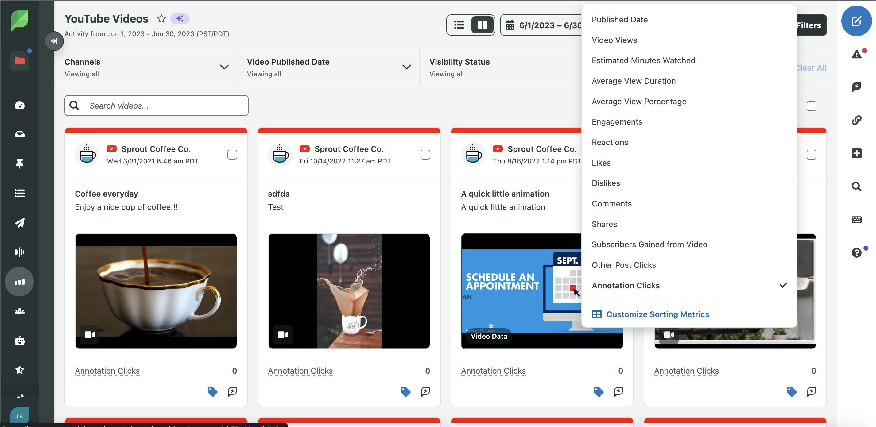 Painel de vídeo Sprout Social YouTube. Uma sobreposição de mouse mostra opções de menu para cliques em cards do YouTube.