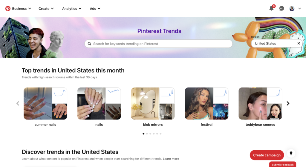 A screenshot of the Pinterest Trends page where trending topics and keywords are listed and ranked.