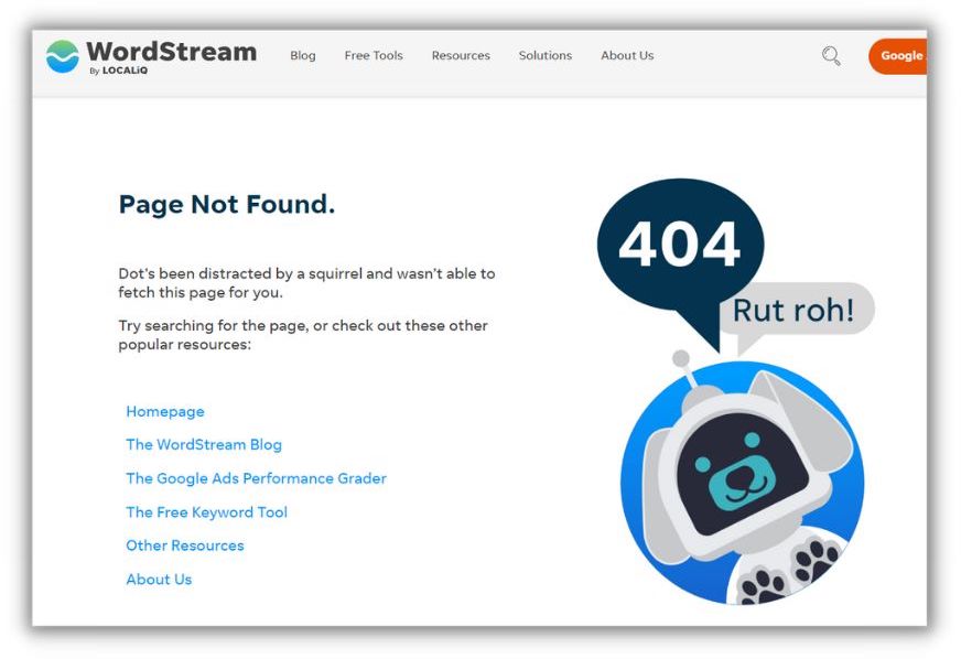 การบำรุงรักษาเว็บไซต์ - ตัวอย่างหน้า wordstream 404