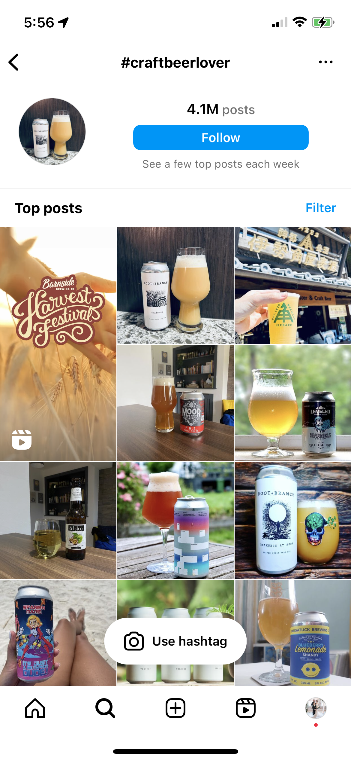 Instagram 上#CraftBeerLover 標籤的屏幕截圖