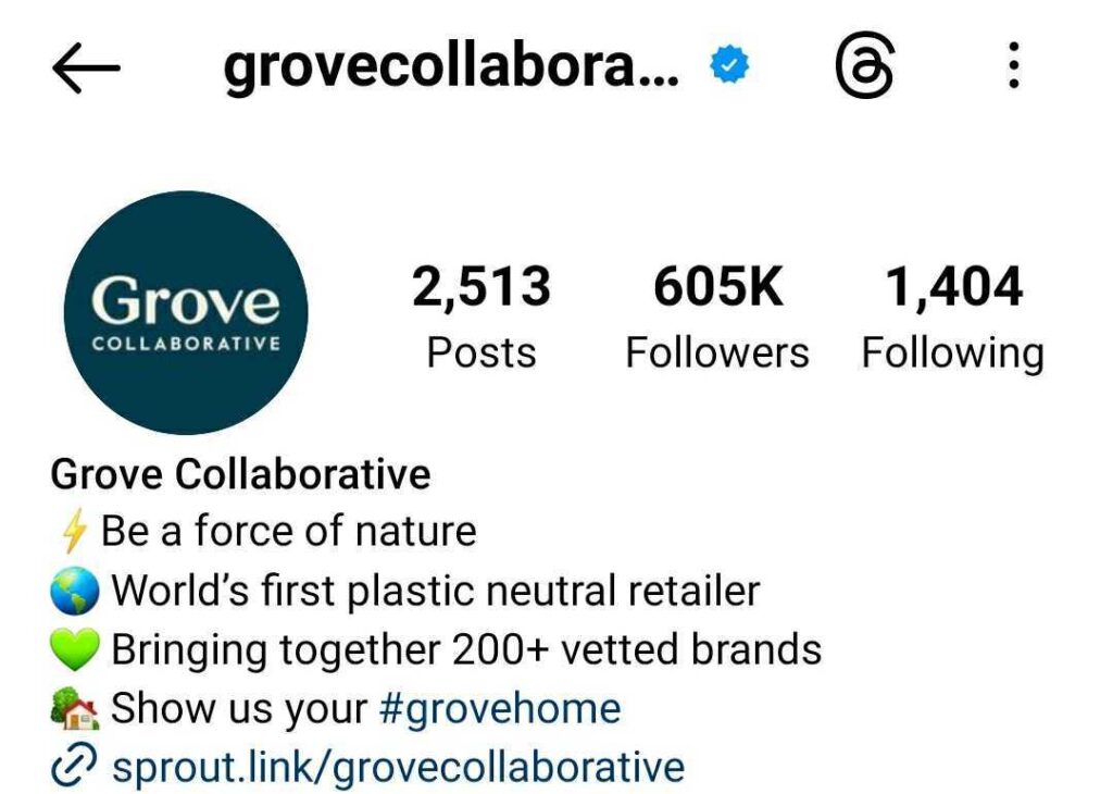 Grove Collaborative 的 Instagram 帳戶的屏幕截圖，在其個人簡介中宣傳其品牌標籤。