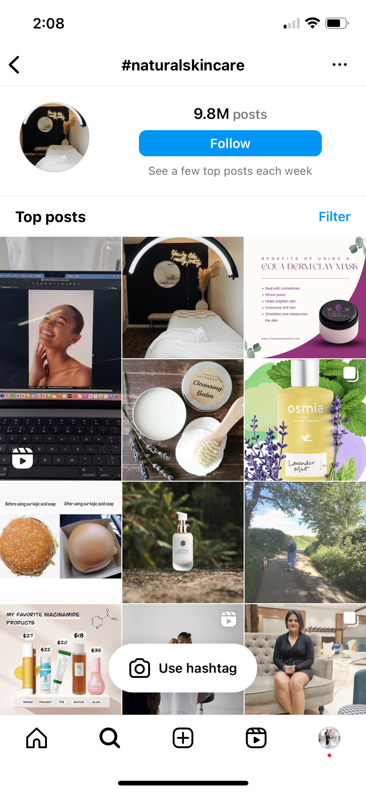 顯示主題標籤#NaturalSkincare 的 Instagram 結果的屏幕截圖。