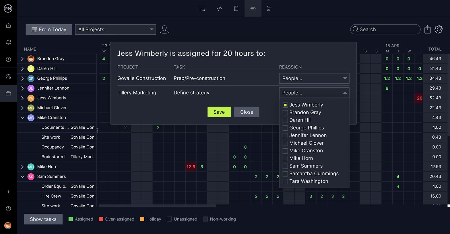 ProjectManager のワークロード チャートと再割り当てポップアップ