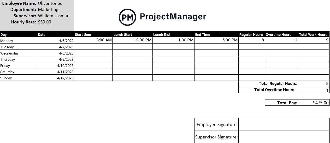 ProjectManager の Google スプレッドシート用タイムシート テンプレート