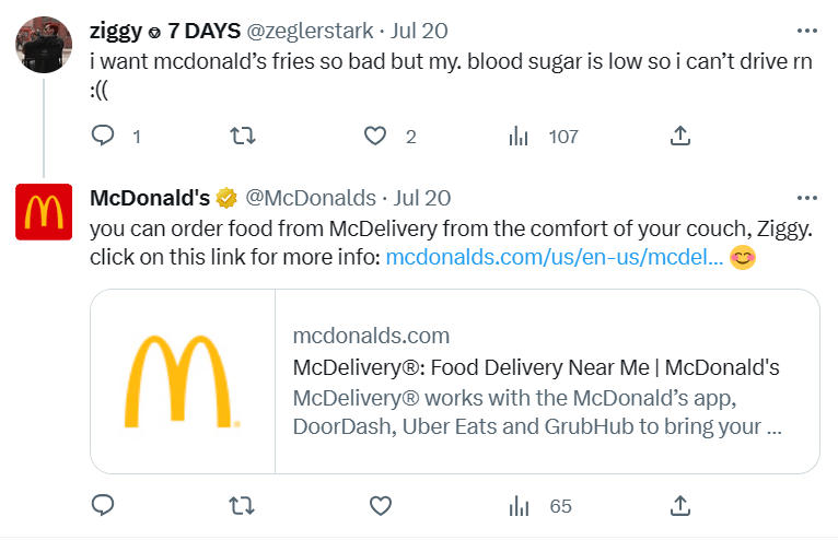 顧客のツイートに対するマクドナルドの回答