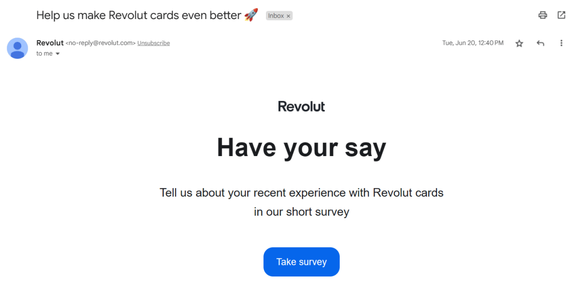 Revolut: 電子メールで送信された短いアンケート