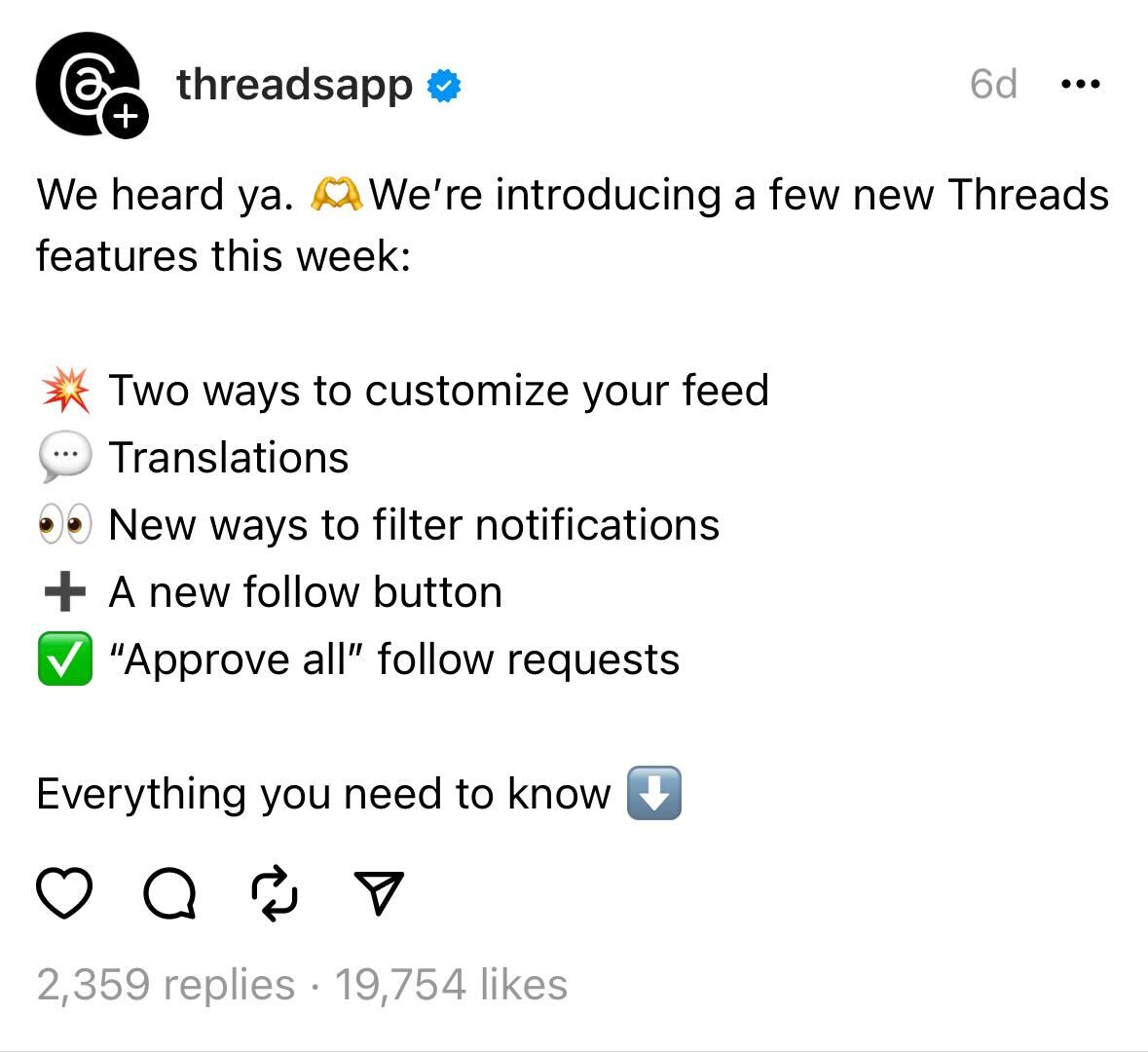 來自 Threads 帳戶 (@threadsapp) 的 Thread 帖子的屏幕截圖。帖子中寫道：“我們聽到了。本週我們將推出一些新的 Threads 功能：兩種自定義提要的方法、翻譯、過濾通知的新方法、新的關注按鈕、“批准所有”關注請求”。