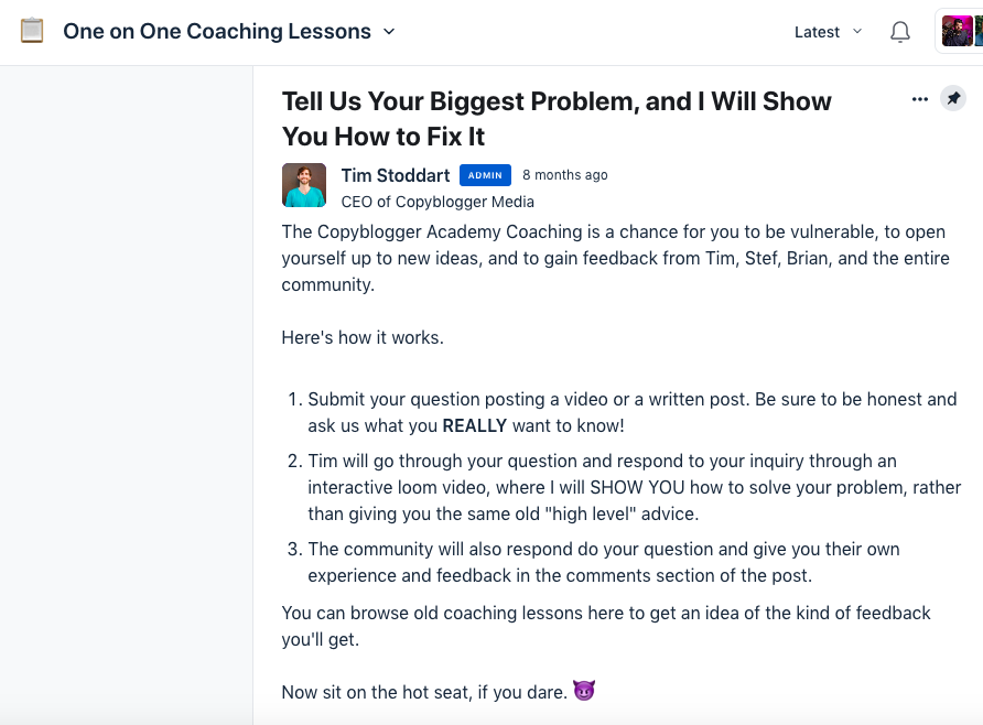 Copyblogger Academy 内での 1 対 1 のコーチング セッション